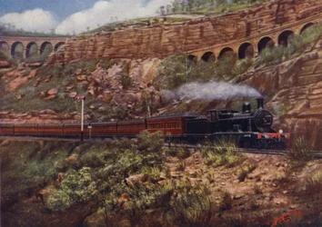 Express Train on the new line between Sydney and Bendigo, showing the old Zig-zag Viaducts